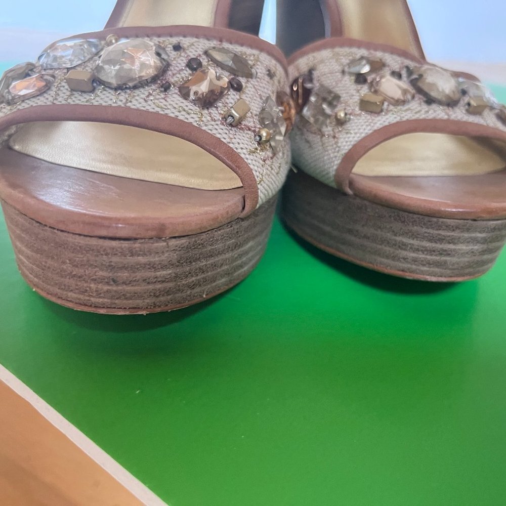 COACH Hanson Platform Wedge Sandals US 11 Gold Tan Canvas Jeweled - Picture 5 of 6